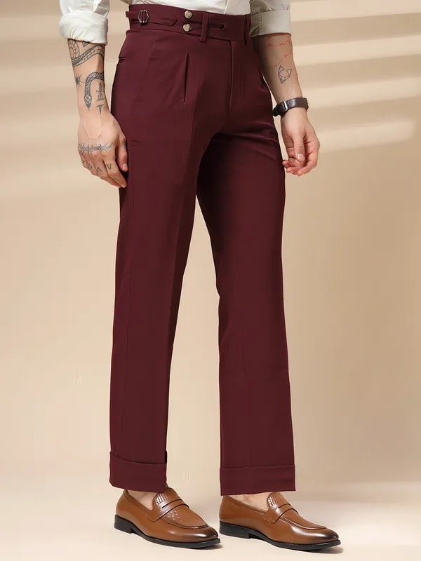 Wine_Polyester_Double_Button_Gurkha_Pants_For_Men