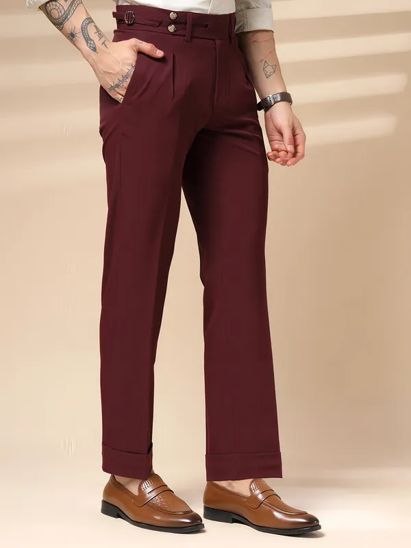 Wine_Polyester_Double_Button_Gurkha_Pants_For_Men