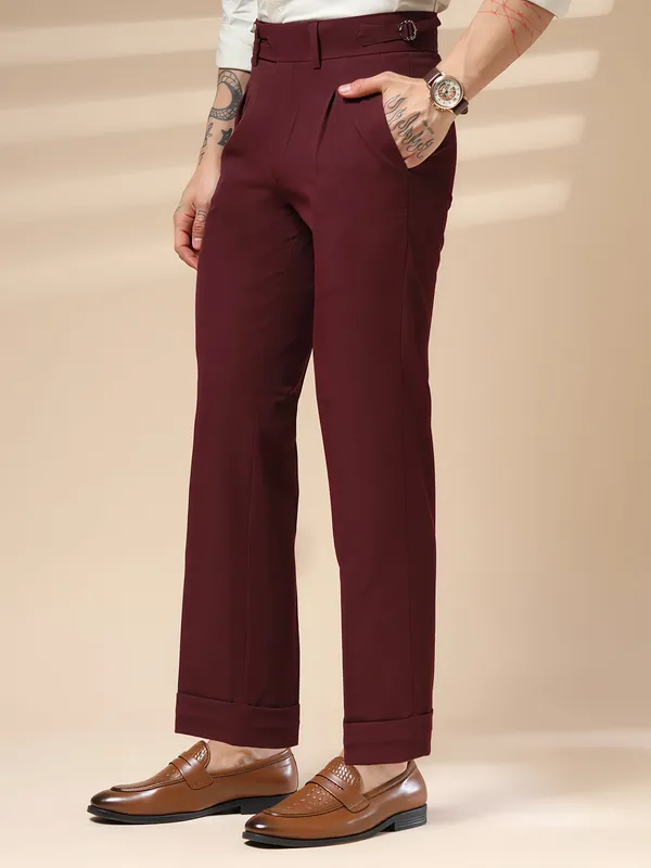 Wine_Polyester_Double_Button_Gurkha_Pants_For_Men