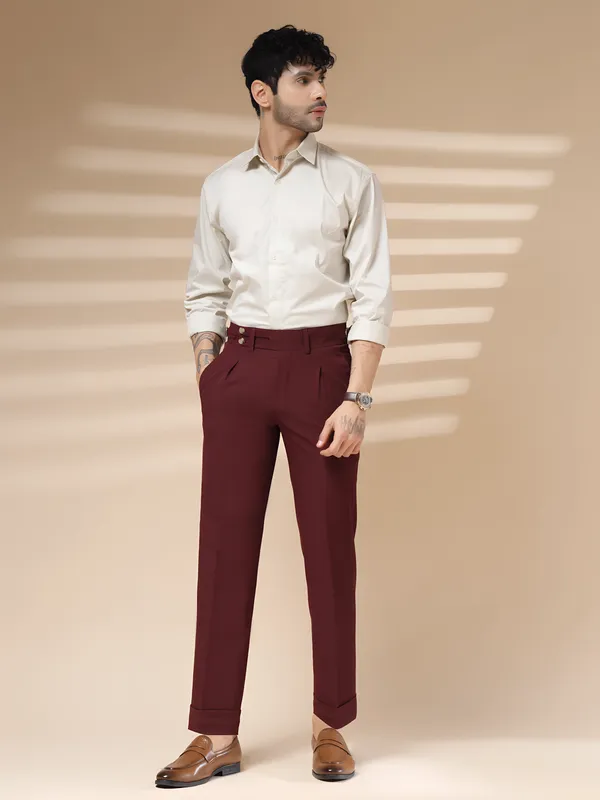 Wine_Polyester_Double_Button_Gurkha_Pants_For_Men