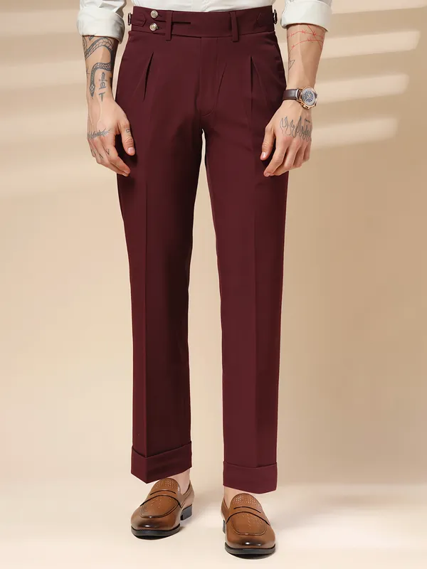 Wine_Polyester_Double_Button_Gurkha_Pants_For_Men