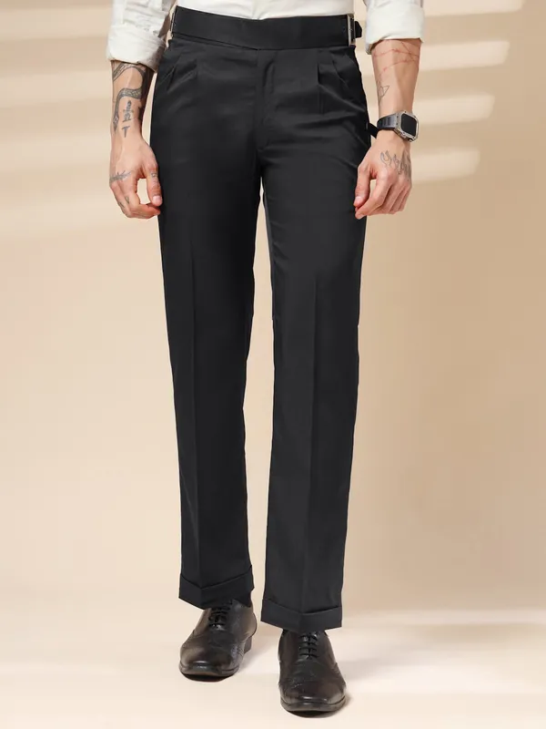 Black_Polyester_Blend_Classic_Buckle_Gurkha_Pants_For_Men