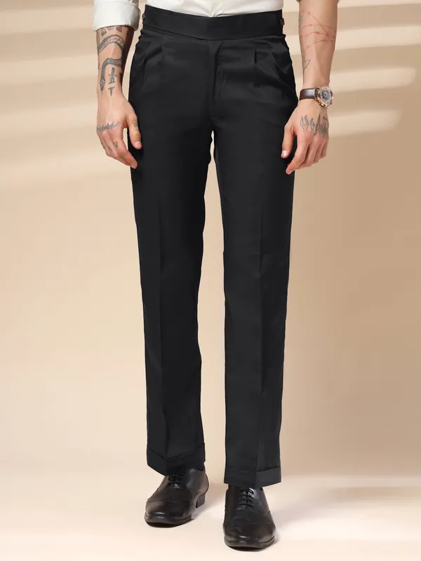 Black_Polyester_Stretch_Classic_Buttoned_Gurkha_Pants_For_Men