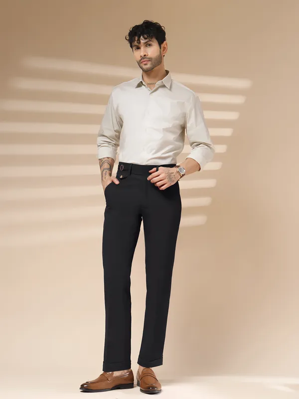 Black_Polyester_Stretch_Single_Buckle_Gurkha_Pants_For_Men