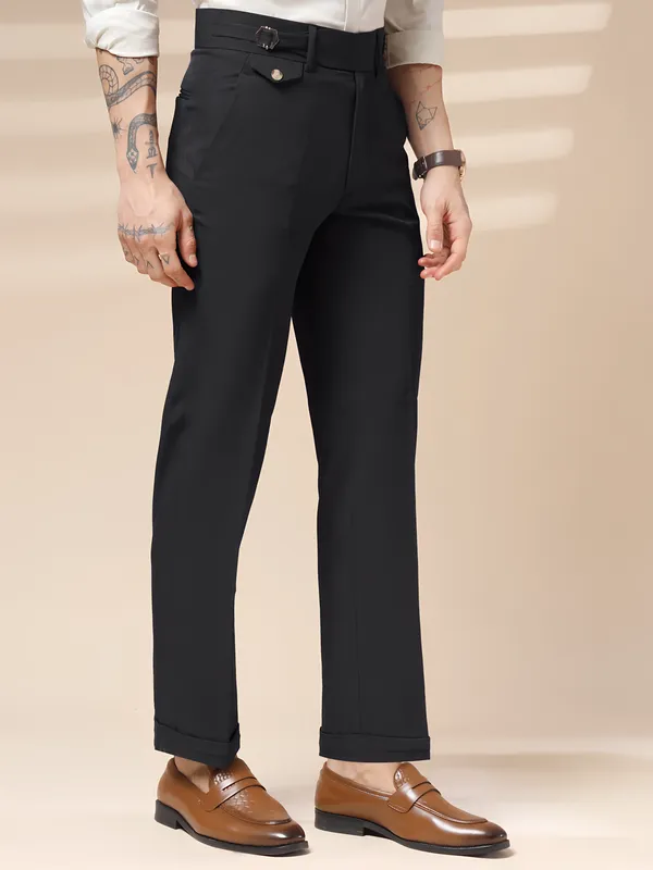 Black_Polyester_Stretch_Single_Buckle_Gurkha_Pants_For_Men