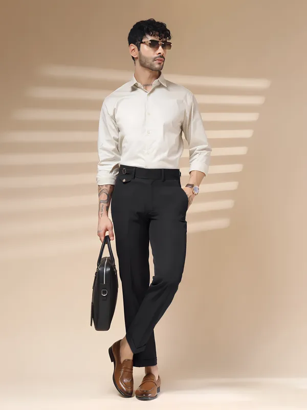 Black_Polyester_Stretch_Single_Buckle_Gurkha_Pants_For_Men