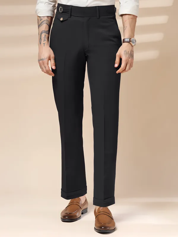 Black_Polyester_Stretch_Single_Buckle_Gurkha_Pants_For_Men