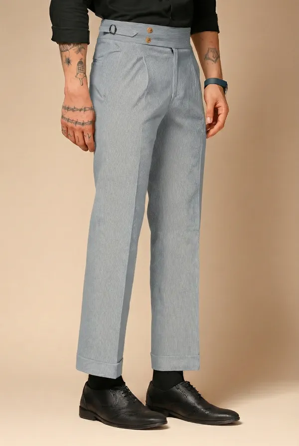 Light_Grey_Corduroy_Boot_Cut_Signature_Buttoned_Gurkha_Pants_For_Men