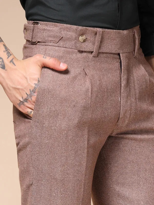 Khaki_Herringbone_Boot_Cut_Gurkha_Pants_For_Men