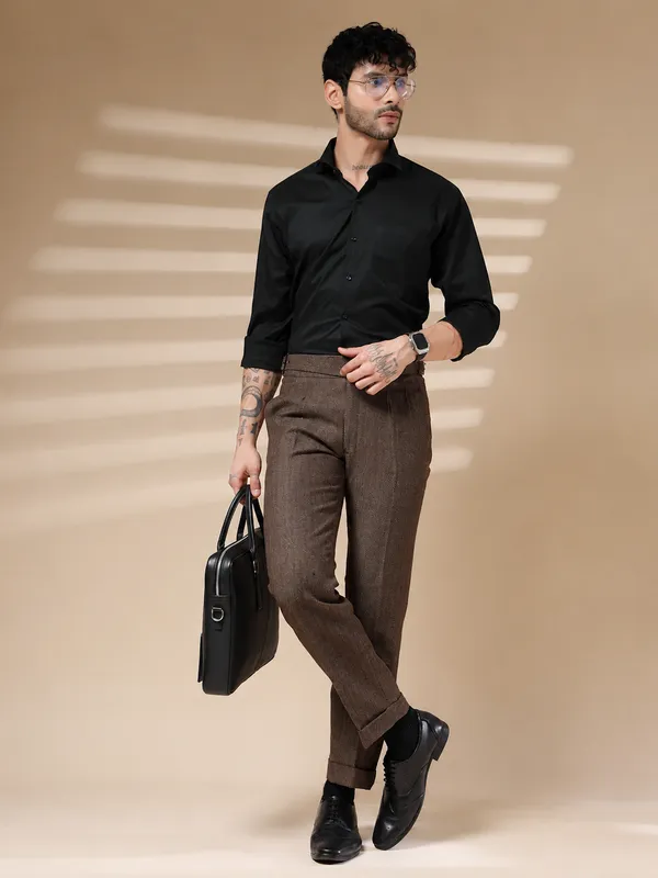 Khaki_Herringbone_Classic_Boot_Cut_Gurkha_Trousers_For_Men