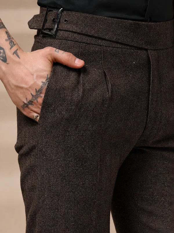 Khaki_Herringbone_Classic_Boot_Cut_Gurkha_Trousers_For_Men