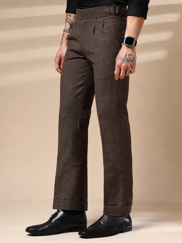 Khaki_Herringbone_Classic_Boot_Cut_Gurkha_Trousers_For_Men