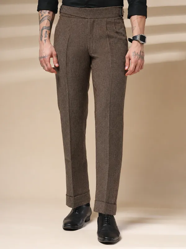 Khaki_Herringbone_Classic_Boot_Cut_Gurkha_Trousers_For_Men