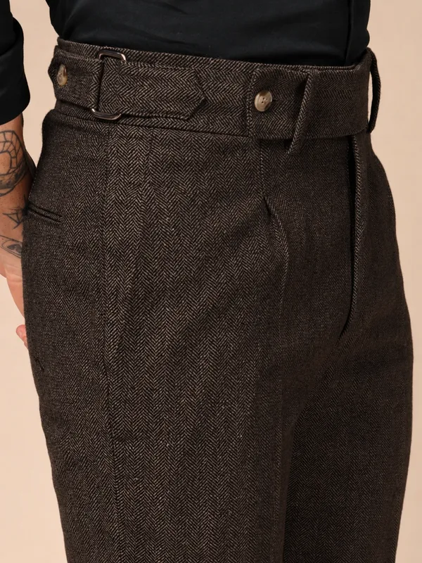 Khaki_Herringbone_Oxford_Boot_Cut_Gurkha_Pants_For_Men