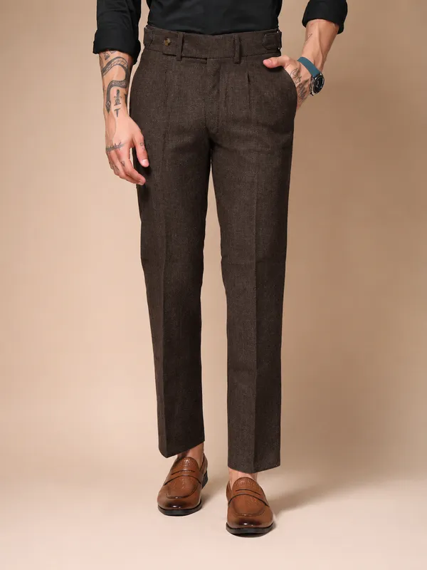 Khaki_Herringbone_Oxford_Boot_Cut_Gurkha_Pants_For_Men