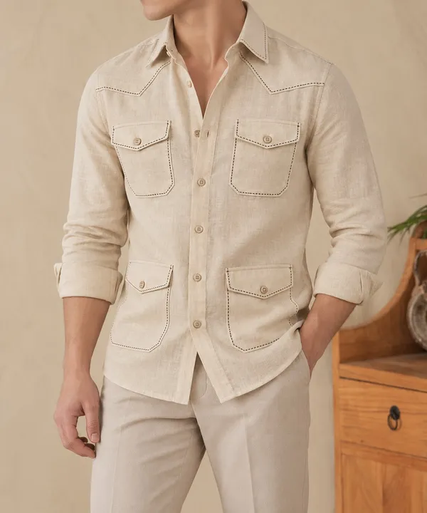 Beige_Safari_Shirt_–_Pick_Stitched_with_Multi_Pockets_by_Italian_Vega®