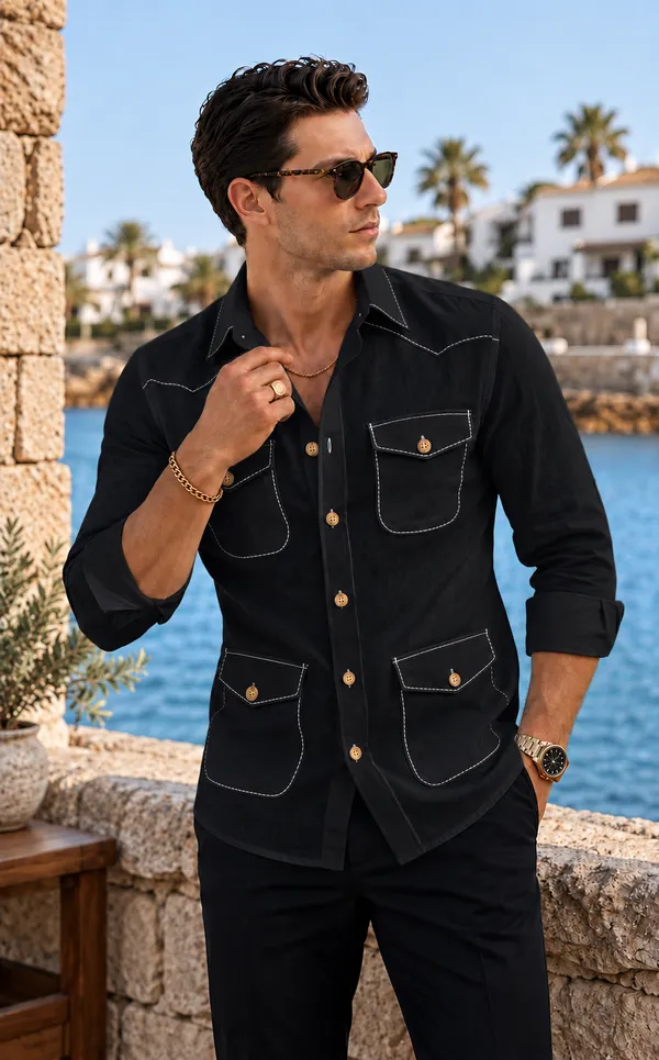 Black_Safari_Shirt_–_Pick_Stitched_with_Multi_Pockets_by_Italian_Vega®