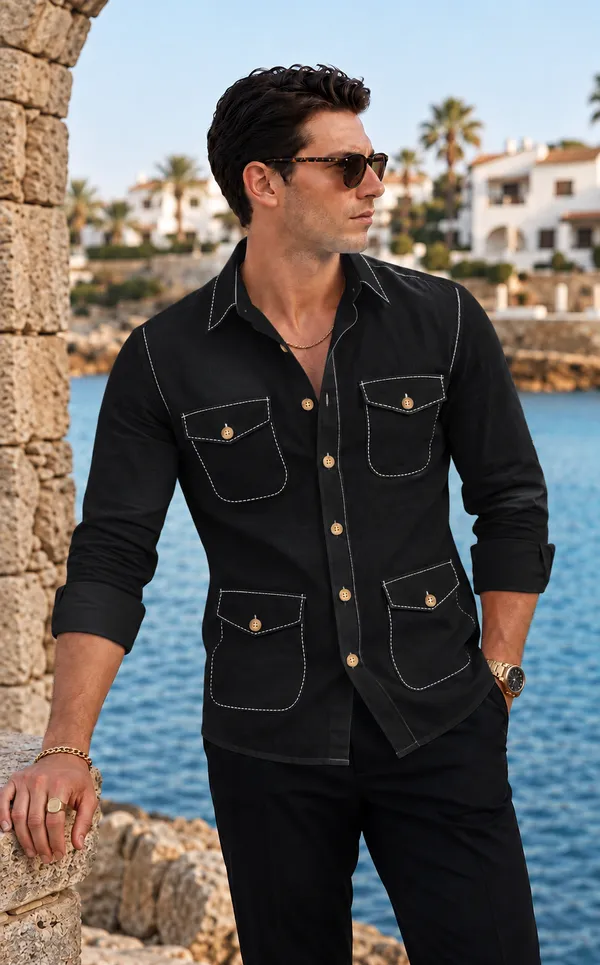 Black_Safari_Shirt_–_Pick_Stitched_with_Multi_Pockets_by_Italian_Vega®