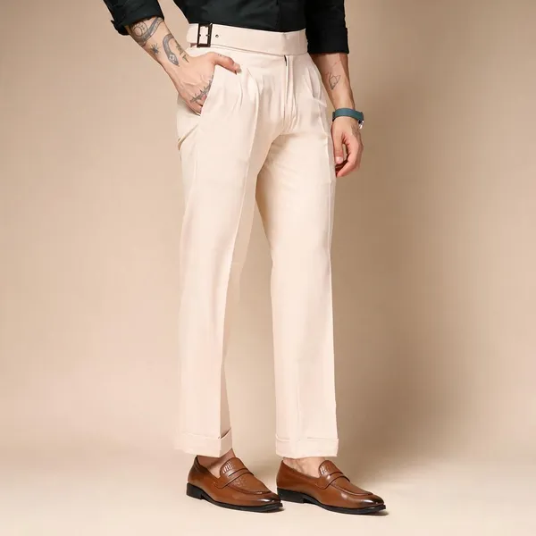 Beige_Polyester_Blend_Classic_Buckle_Gurkha_Pants_For_Men