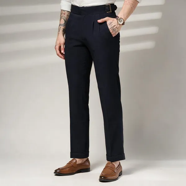 Navy_Blue_Polyester_Stretch_Classic_Buckle_Gurkha_Pants_For_Men