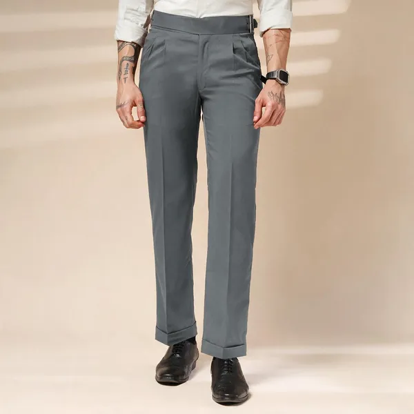 Stone_Grey_Polyester_Classic_Buckle_Gurkha_Pants_For_Men