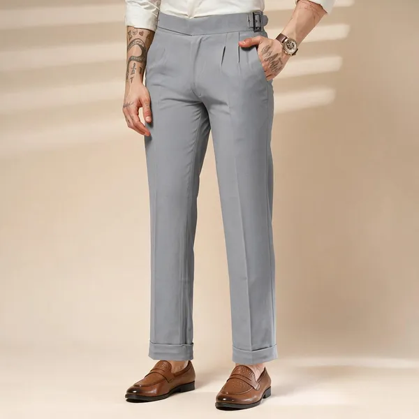 Ash_Grey_Polyester_Classic_Buckle_Gurkha_Pants_For_Men