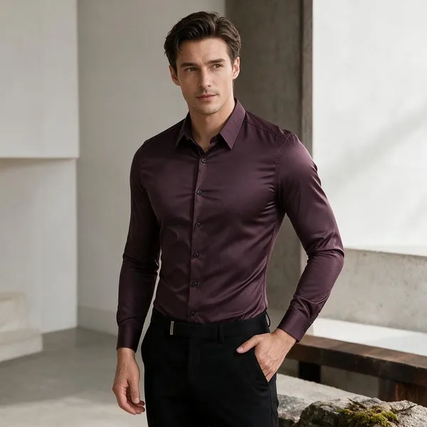 Wine_Cotton_Korean_Collar_Shirt_For_Men