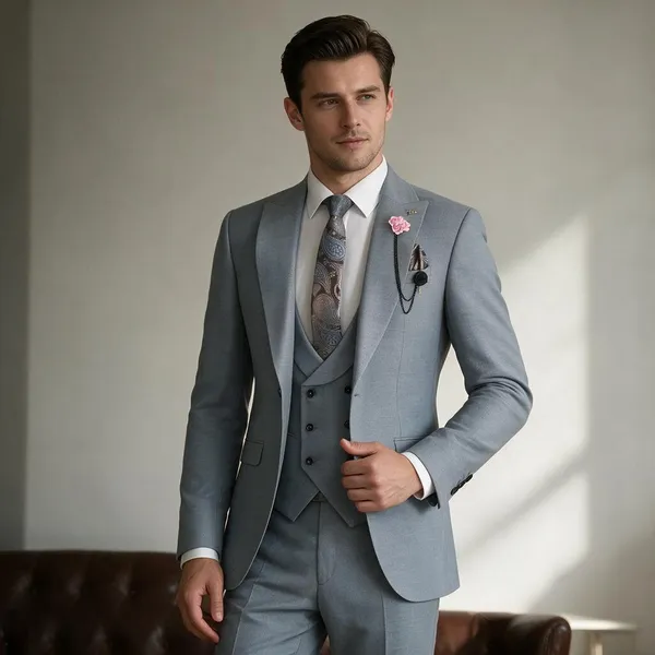 Grey_Terry_Cotton_Single_Breasted_3_Piece_Suit_For_Men