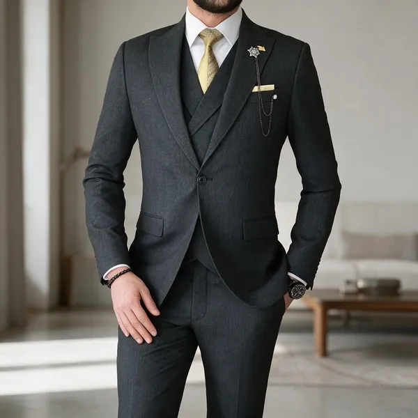 Anthracite_Terry_Cotton_Single_Breasted_3_Piece_Suit_For_Men