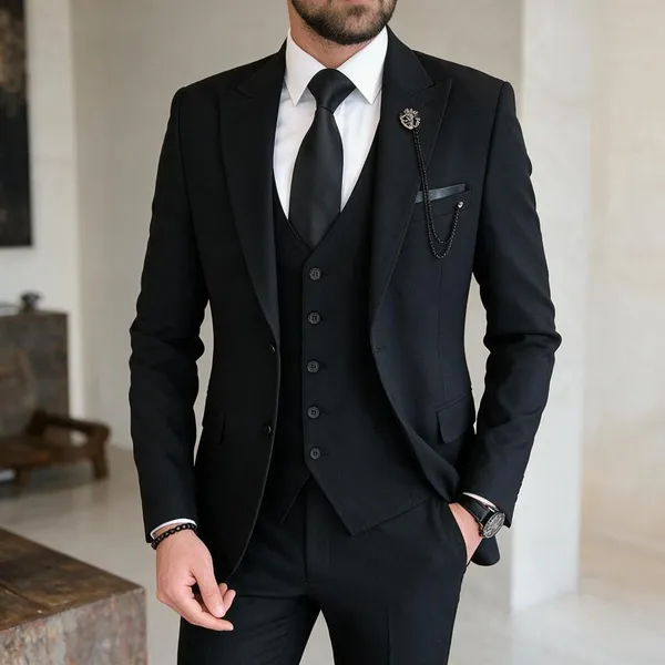 Black_Terry_Cotton_Single_Breasted_3_Piece_Suit_For_Men