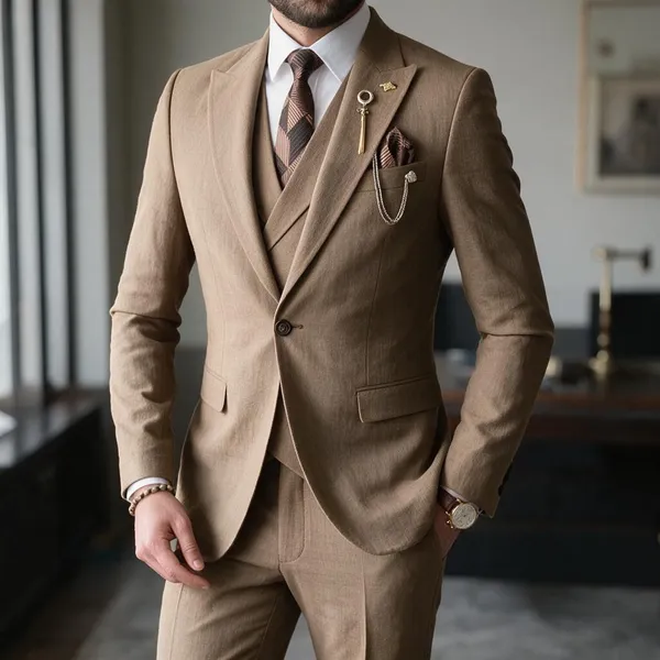 Camel_Terry_Cotton_Single_Breasted_3_Piece_Suit_For_Men