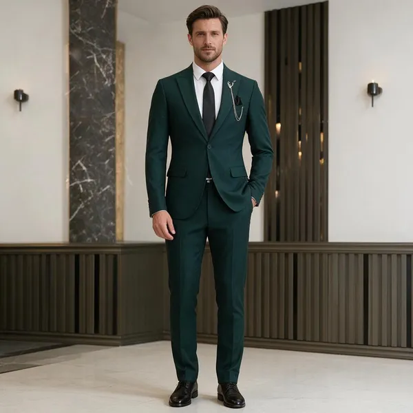 Army_Green_Terry_Cotton_Single_Breasted_3_Piece_Suit_For_Men