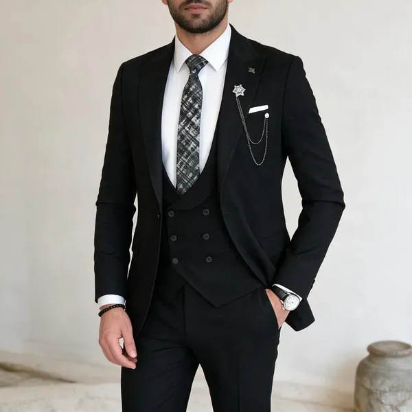 Black_Terry_Cotton_Single_Breasted_3_Piece_Suit_For_Men