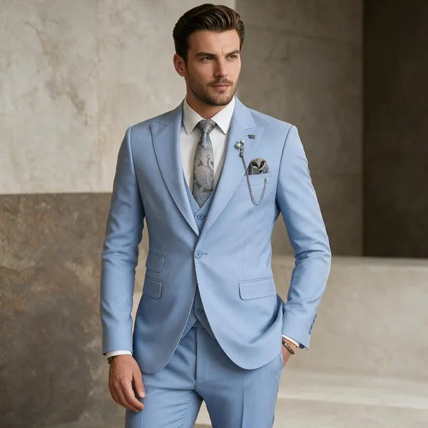 Blue_Terry_Cotton_Single_Breasted_3_Piece_Suit_For_Men