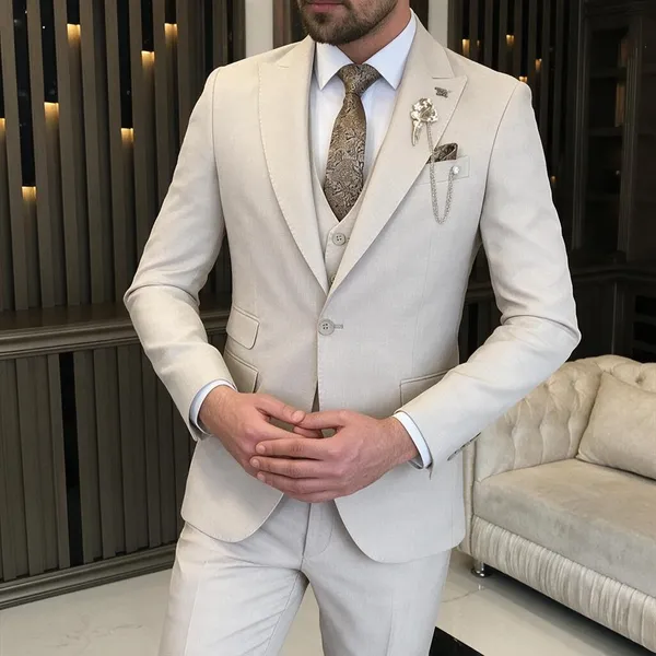 Beige_Terry_Cotton_Single_Breasted_3_Piece_Suit_For_Men