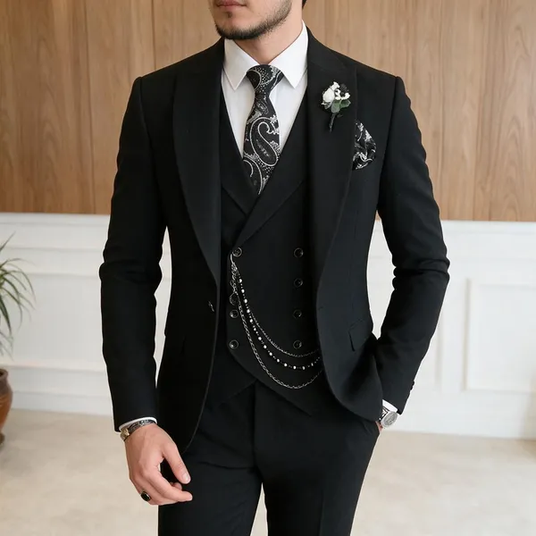 Black_Terry_Cotton_Single_Breasted_3_Piece_Suit_For_Men