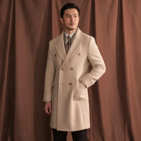 Beige_Tweed_Double_Breasted_Coat_For_Men