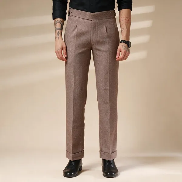 Khaki_Herringbone_Boot_Cut_Gurkha_Trousers_For_Men