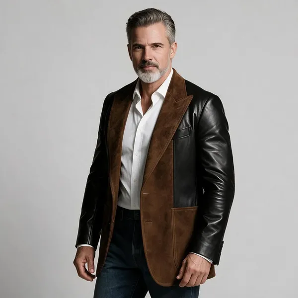 Brown_Black_Suede_Double_Breasted_Peak_Lapel_Blazer_For_Men