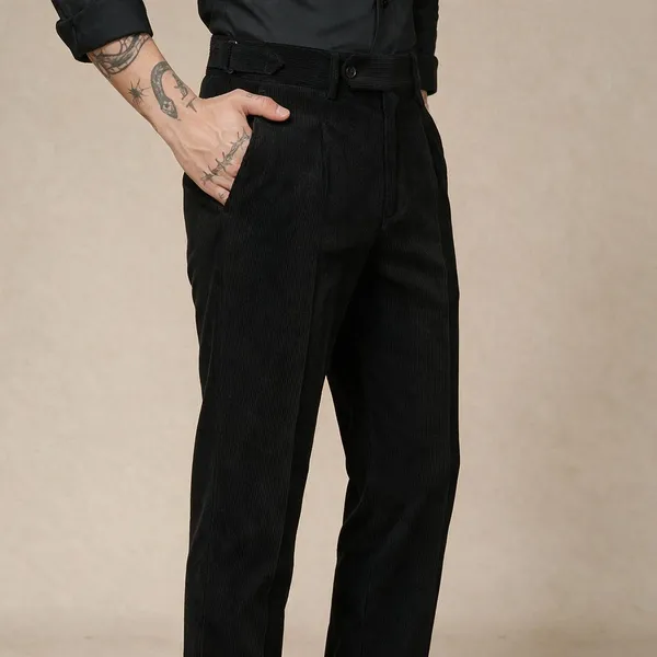 Black_Corduroy_Oxford_Boot_Cut_Gurkha_Pants_For_Men