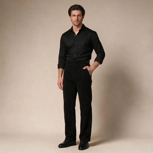 Black_Corduroy_Boot_Cut_Button_Gurkha_Pants_For_Men