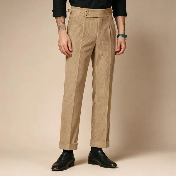 Khaki_Corduroy_Boot_Cut_Buttoned_Gurkha_Pants_For_Men