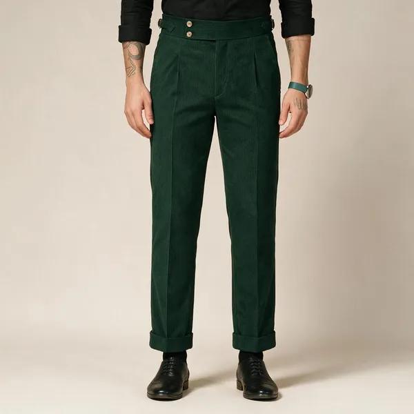 Bottle_Green_Corduroy_Boot_Cut_Buttoned_Gurkha_Pants_For_Men