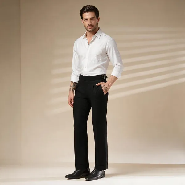 Black_Linen_Boot_Cut_Classic_Buckle_Gurkha_Pants_For_Men
