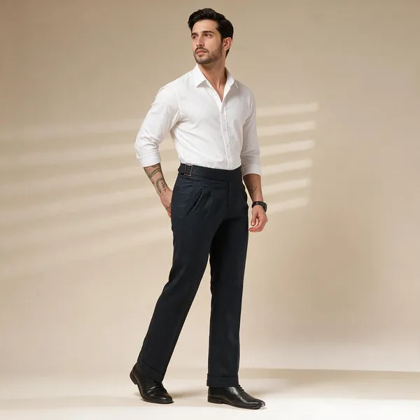 Navy_Linen_Classic_Buckle_Gurkha_Pants_For_Men