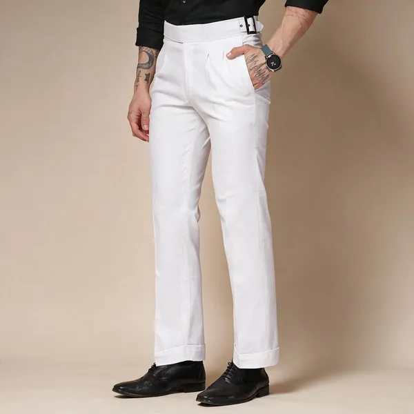 White_Linen_Boot_Cut_Buckle_Gurkha_Trousers_For_Men