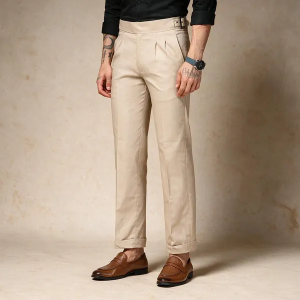 Beige_Linen_Classic_Buckle_Gurkha_Pants_For_Men