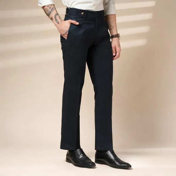 Navy_Linen_Boot_Cut_Oxford_Gurkha_Trousers_For_Men