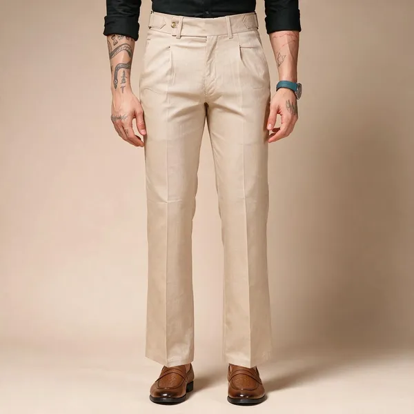 Beige_Linen_Boot_Cut_Oxford_Gurkha_Trousers_For_Men