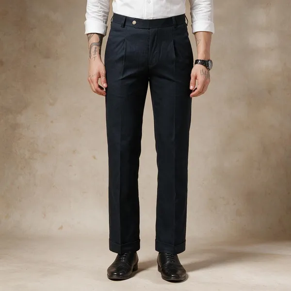 Navy_Linen_Boot_Cut_Pleated_Gurkha_Trousers_For_Men
